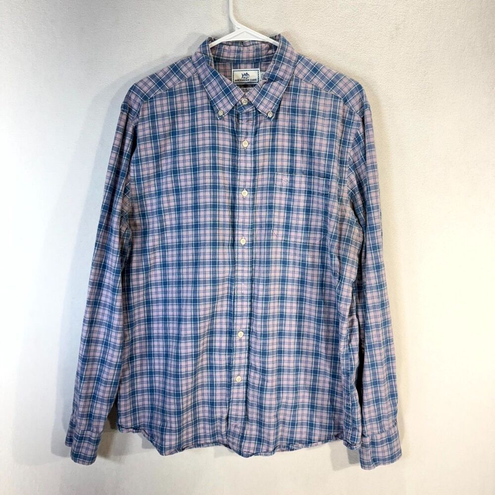 Southern Tide Trim Fit Blue‎ & Pink Plaid Button Down Mens Size L